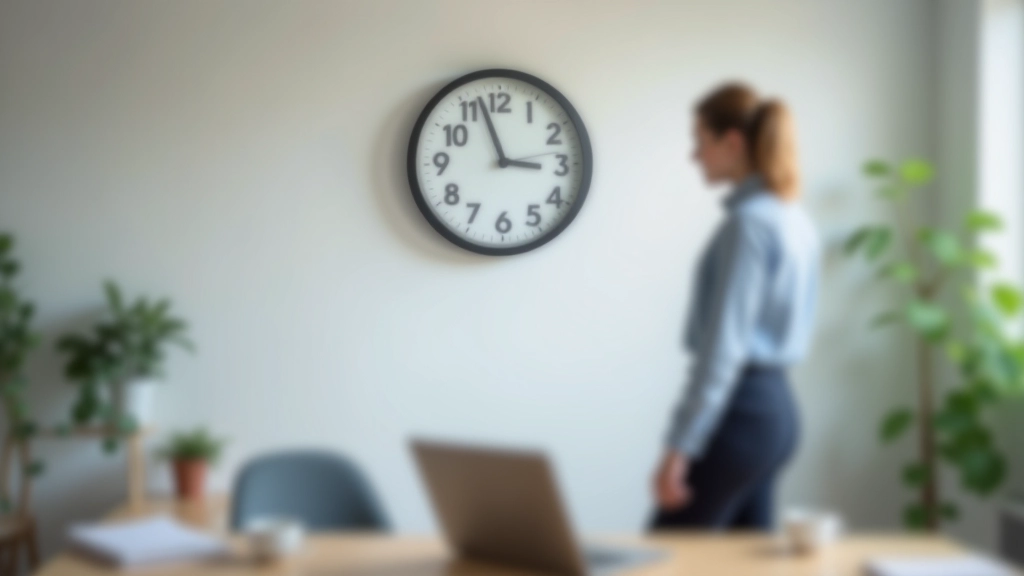 Work-life balance: klok op muur die 17:00 aangeeft, laptop dicht, persoon staat op om te gaan