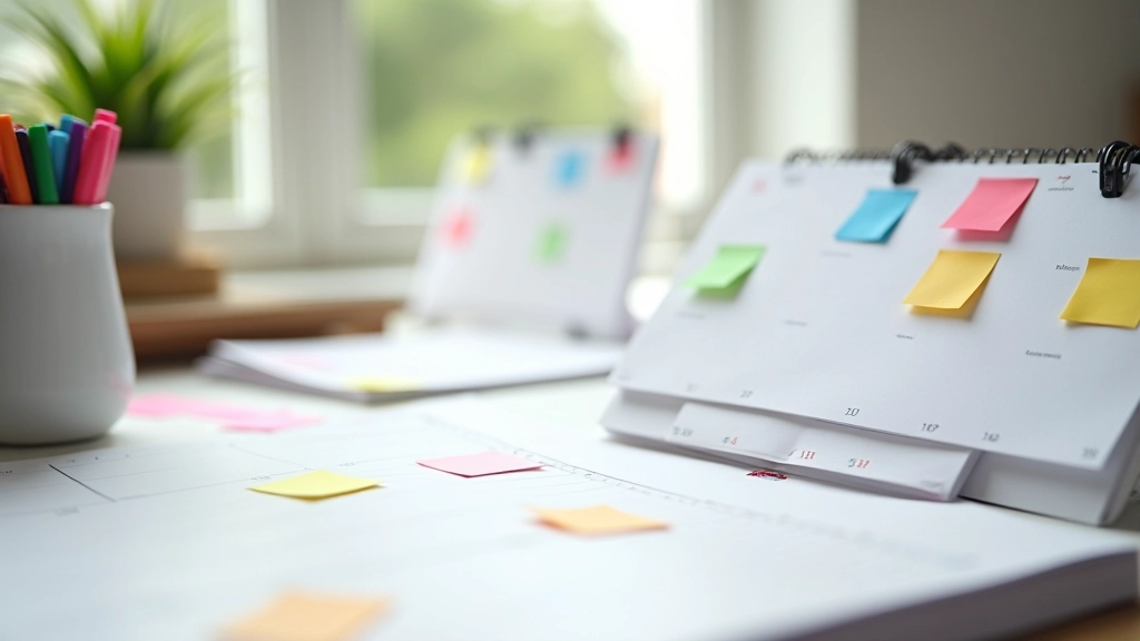 Kalender met gekleurde markeringen en notities op bureau met planningsapparatuur