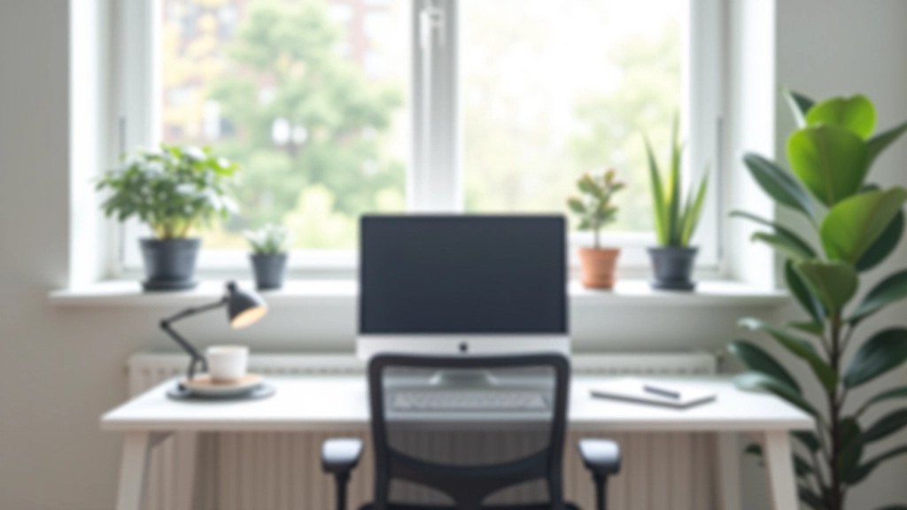 Opgeruimd thuiskantoor met ergonomische stoel, schoon bureau, en goede belichting