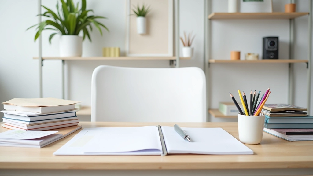 Georganiseerde werkplek thuis met duidelijke scheiding, structuur, routines zichtbaar