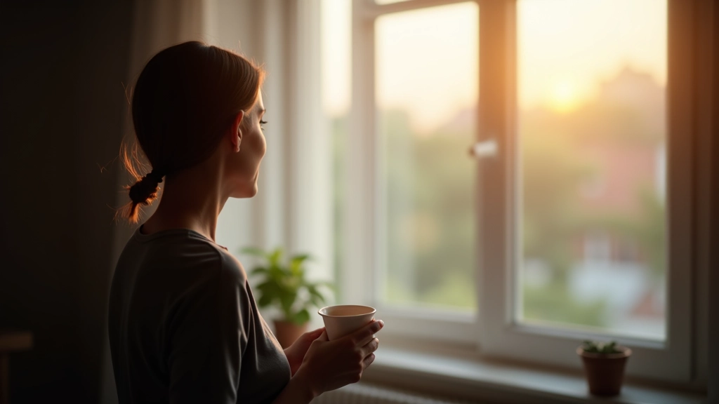 Vroege ochtend aan het raam, iemand kijkt naar buiten met kopje koffie, moment van duidelijkheid en voorbereiding