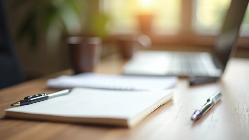 Laptop met geopend notitieboekje en pen op houten bureau met kopje koffie